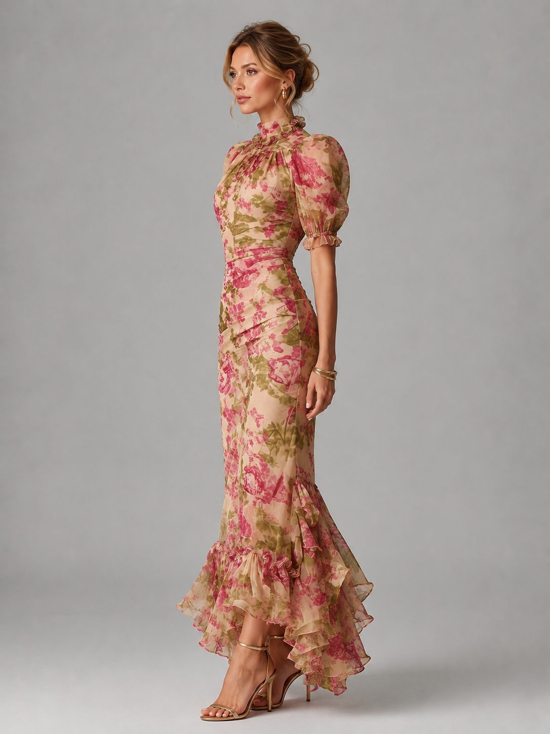 Floral Chiffon Puff Sleeve Wedding Guest Fishtail Maxi Dress for Women - View 3