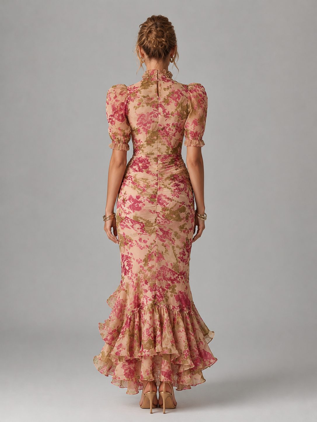 Floral Chiffon Puff Sleeve Wedding Guest Fishtail Maxi Dress for Women - View 4