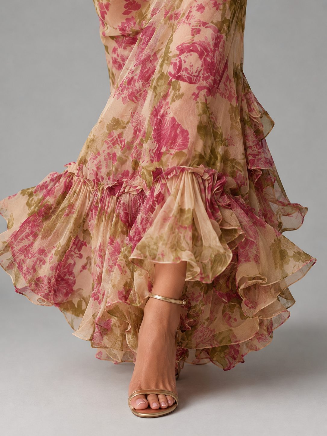 Floral Chiffon Puff Sleeve Wedding Guest Fishtail Maxi Dress for Women - View 5