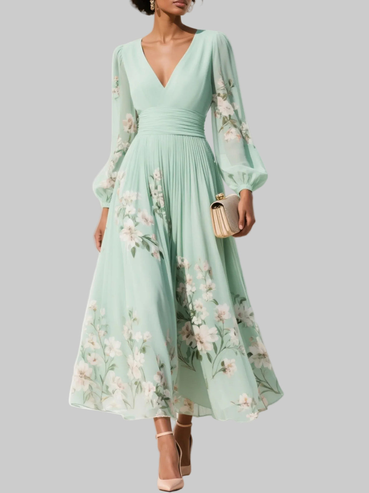Floral Pleated Long Sleeve V-Neck Wedding Guest Midi Dress for Women