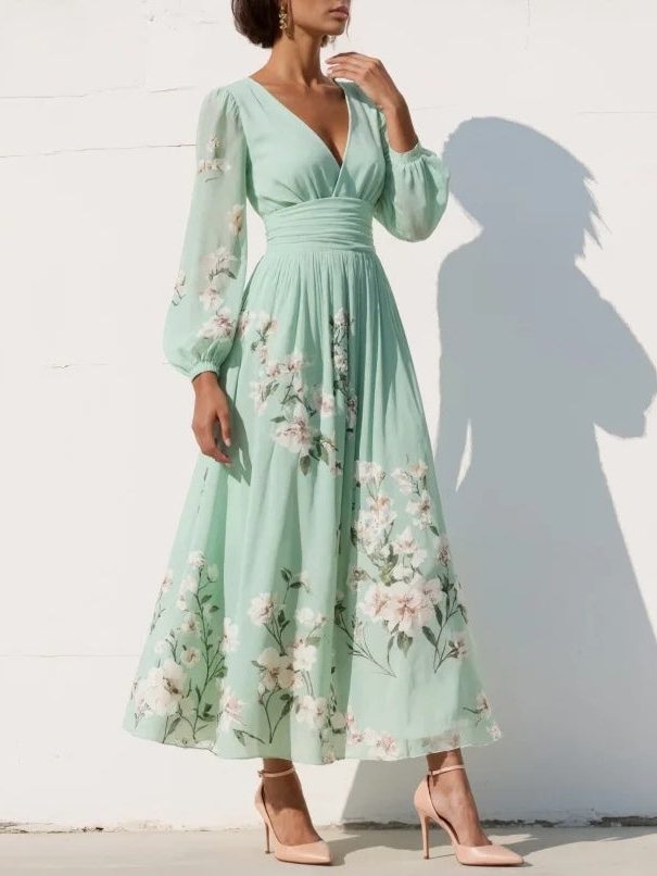 Floral Pleated Long Sleeve V-Neck Wedding Guest Midi Dress for Women