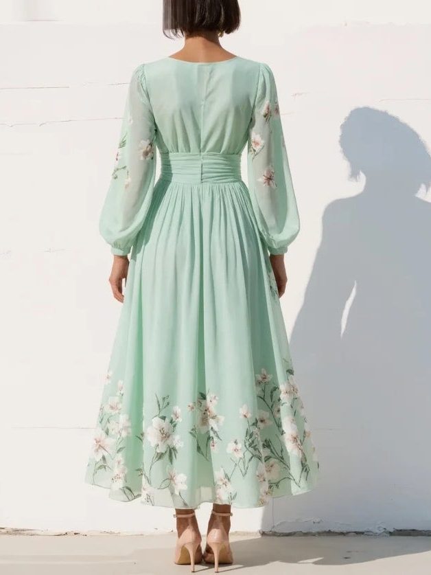 Floral Pleated Long Sleeve V-Neck Wedding Guest Midi Dress for Women - View 3