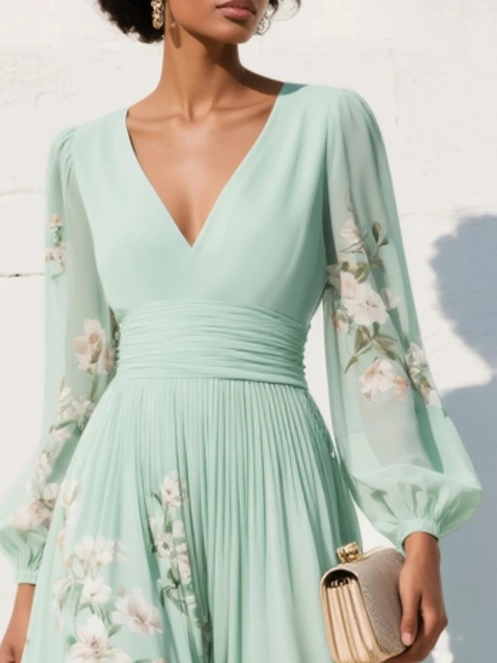 Floral Pleated Long Sleeve V-Neck Wedding Guest Midi Dress for Women - View 4