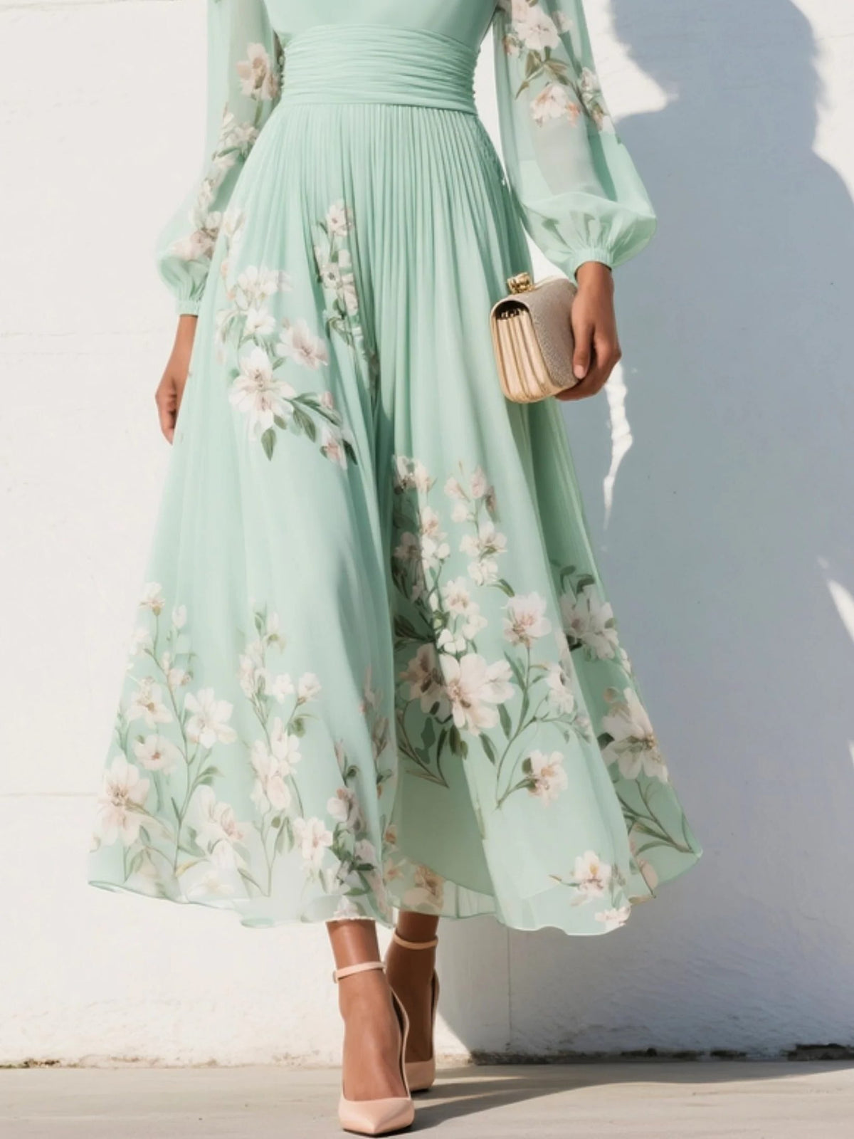 Floral Pleated Long Sleeve V-Neck Wedding Guest Midi Dress for Women - View 5