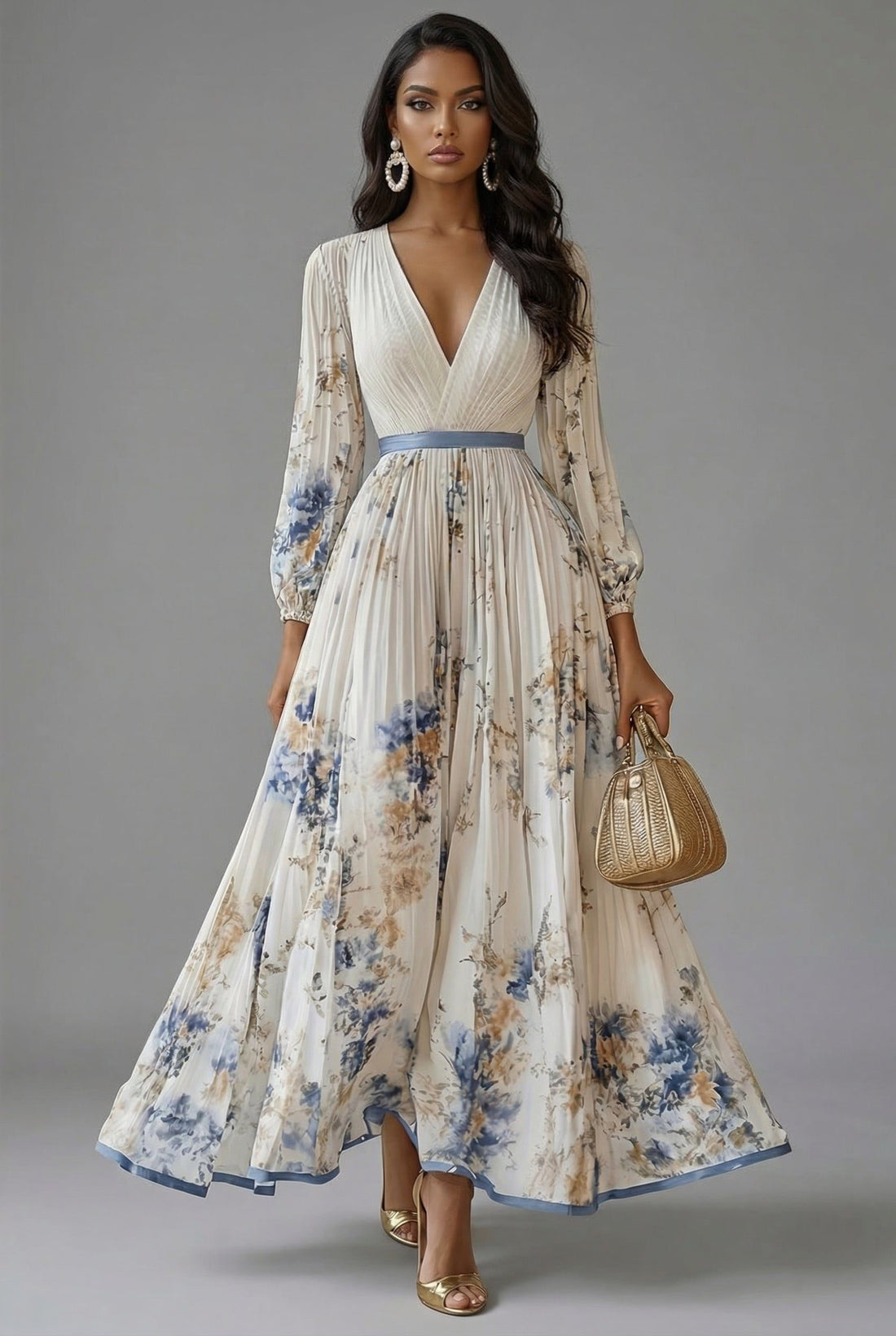 Floral V-Neck Pleated Maxi Dress for Women