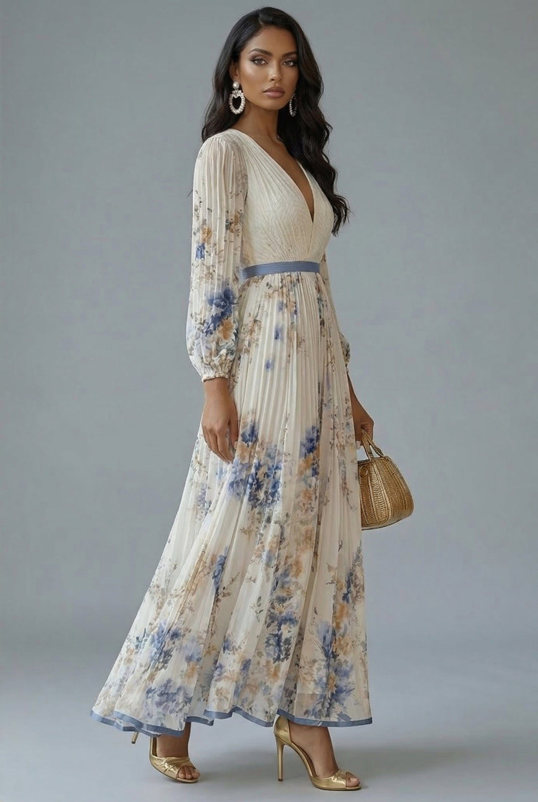 Floral V-Neck Pleated Maxi Dress for Women