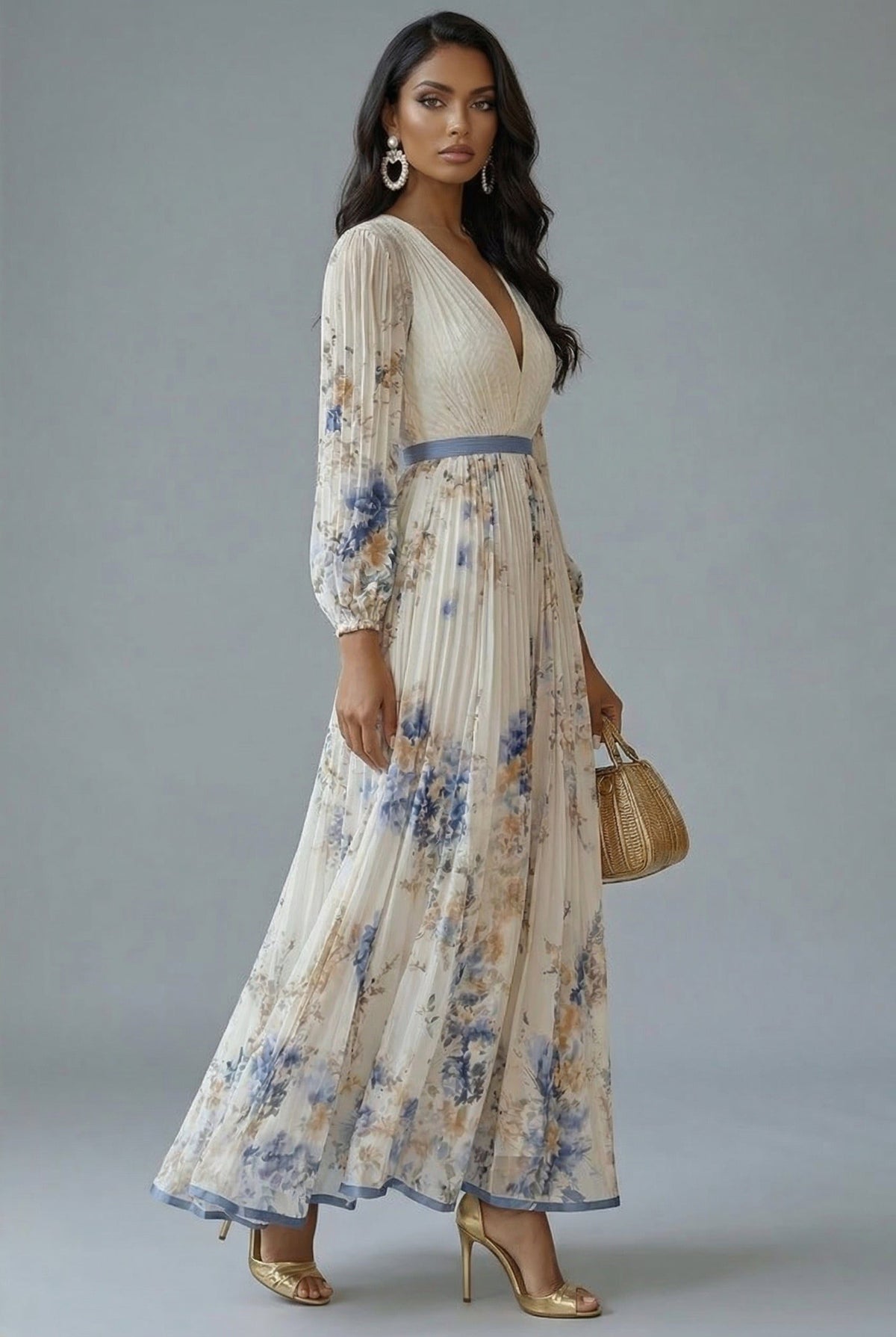 Floral V-Neck Pleated Maxi Dress for Women - View 2