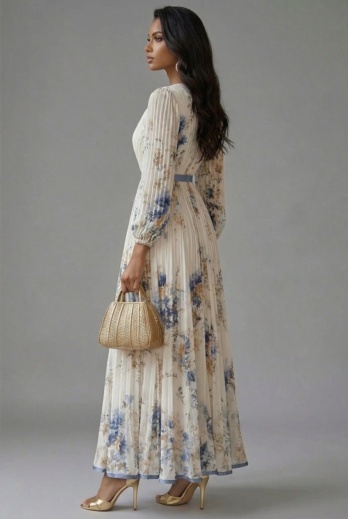 Floral V-Neck Pleated Maxi Dress for Women - View 3
