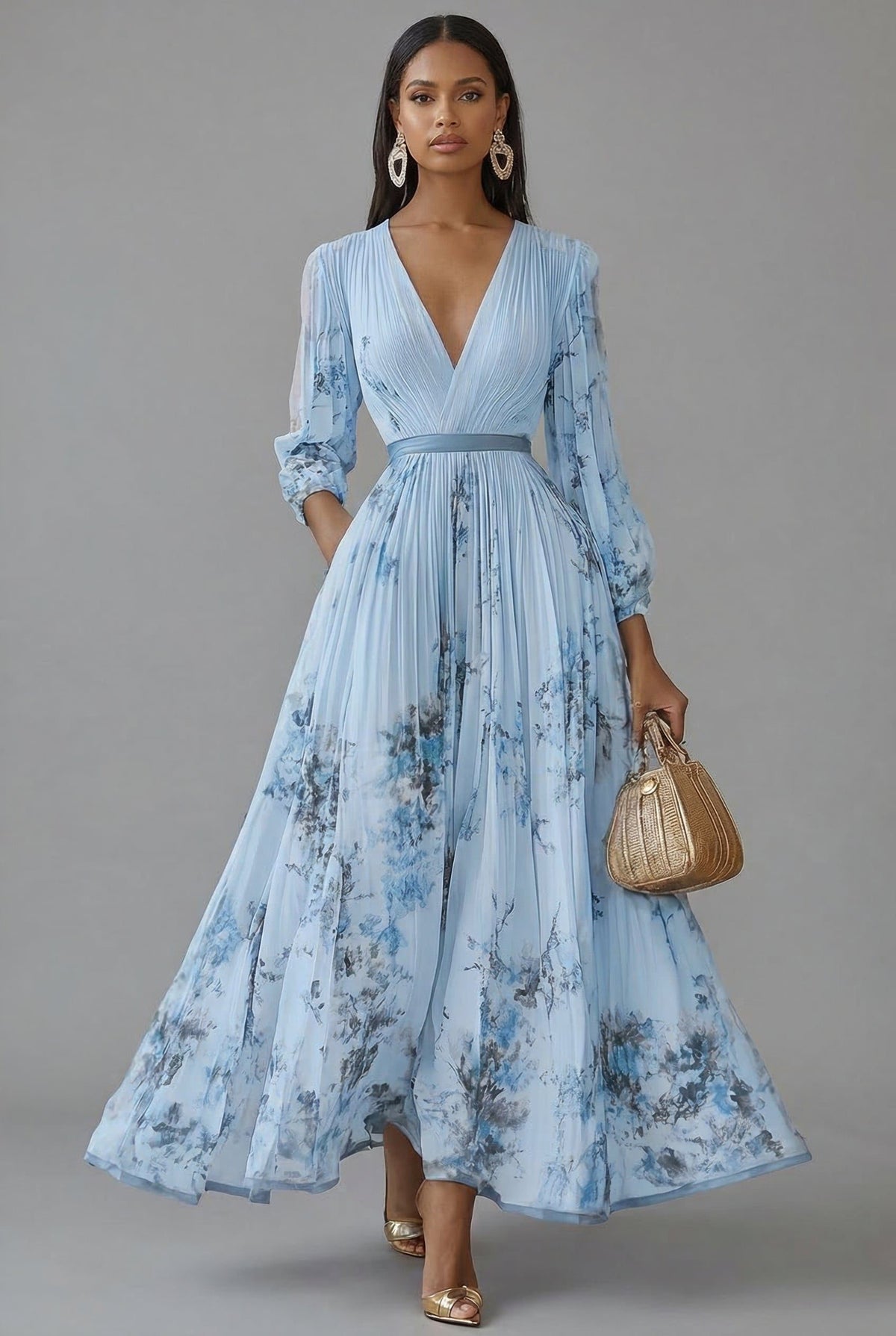 Floral V-Neck Pleated Maxi Dress for Women - Blue (7 Left)