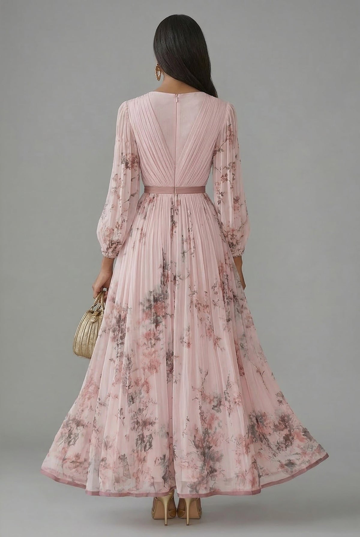 Floral V-Neck Pleated Maxi Dress for Women - View 6