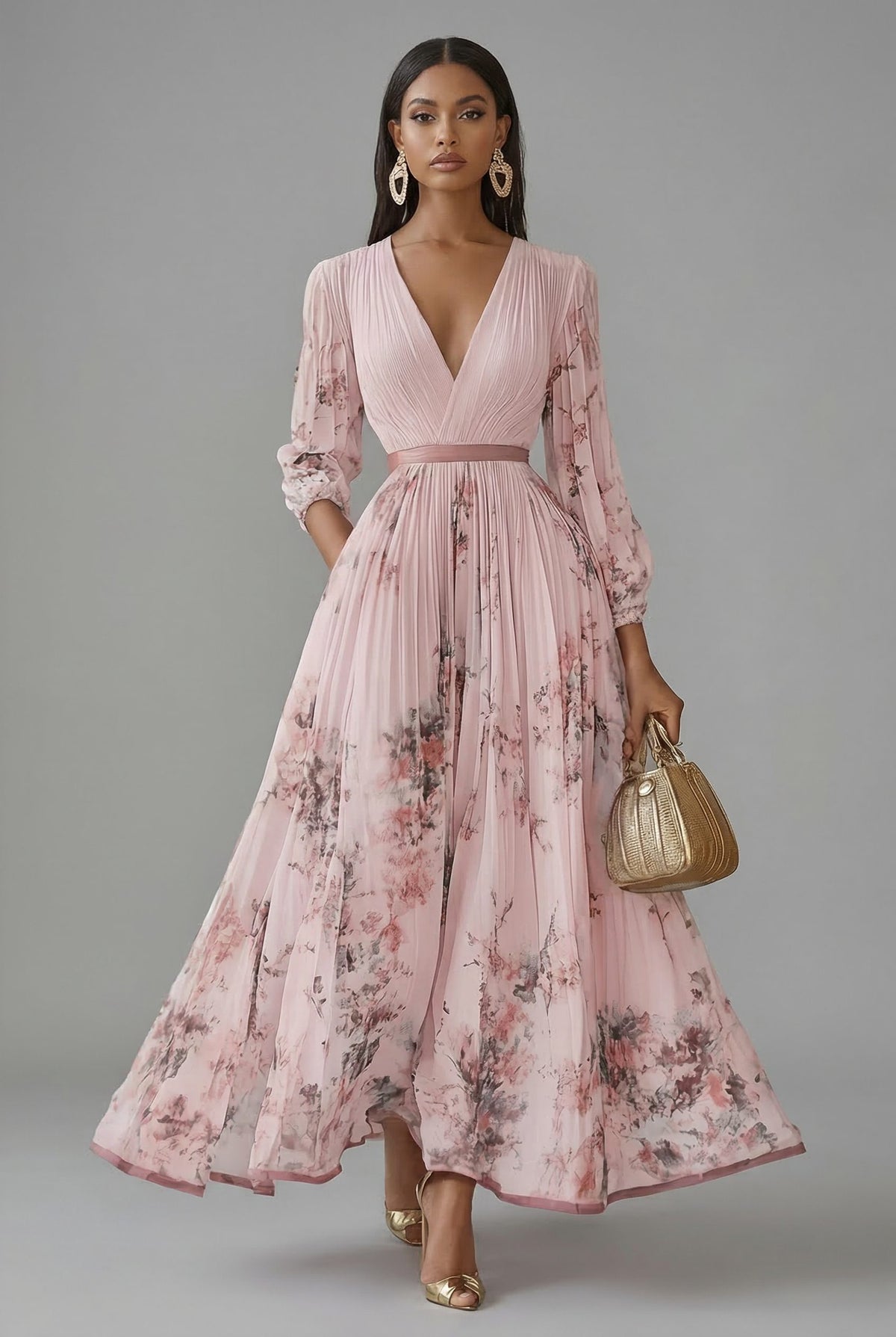 Floral V-Neck Pleated Maxi Dress for Women - Pink (5 Left)