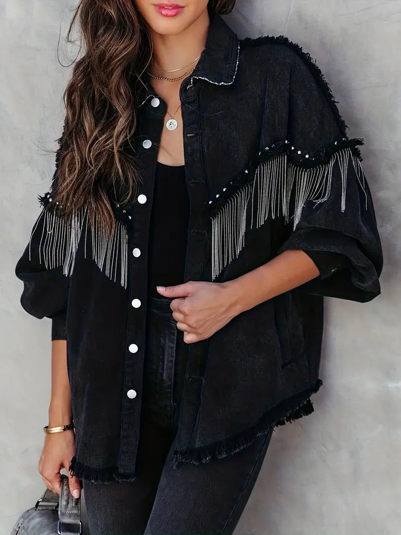 Fringe Denim Jacket for Women - Black