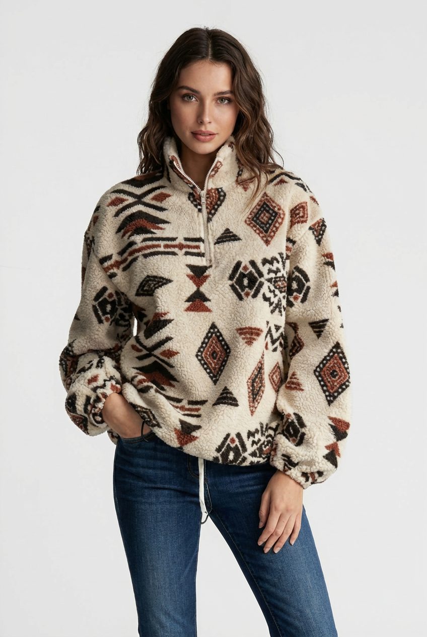 Geometric Zip-Up Fleece Sweatshirt for Women