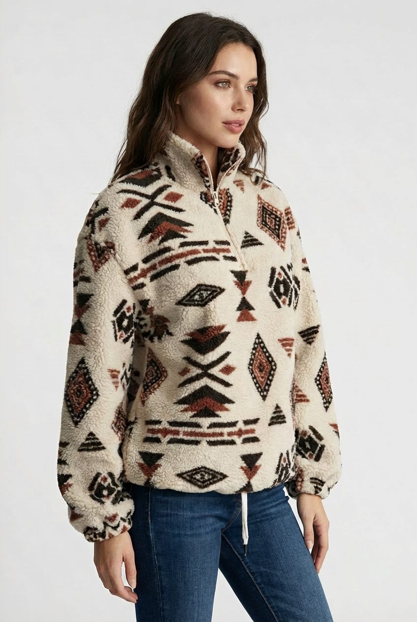 Geometric Zip-Up Fleece Sweatshirt for Women - View 2