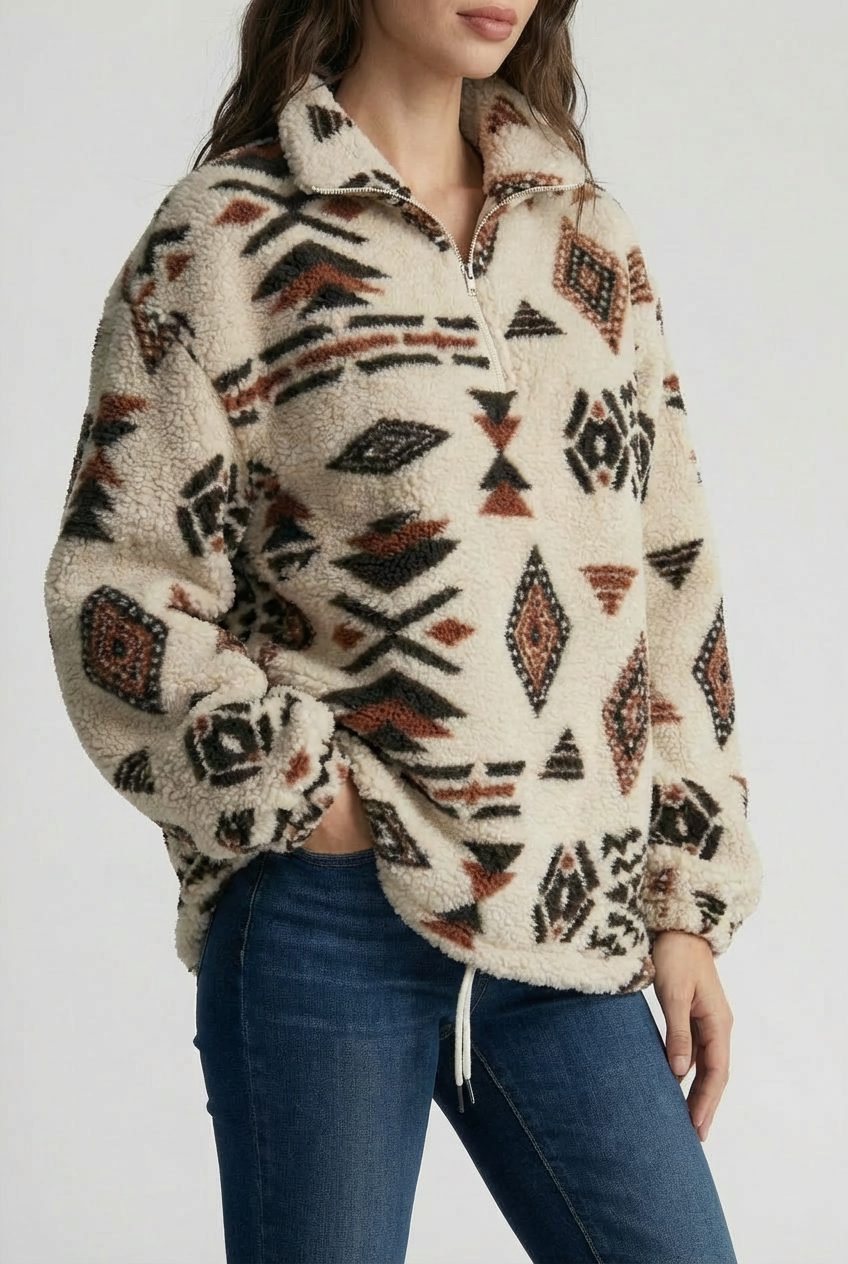 Geometric Zip-Up Fleece Sweatshirt for Women - View 3
