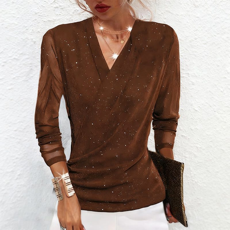 Glitter V-Neck Long Sleeve Top for Women