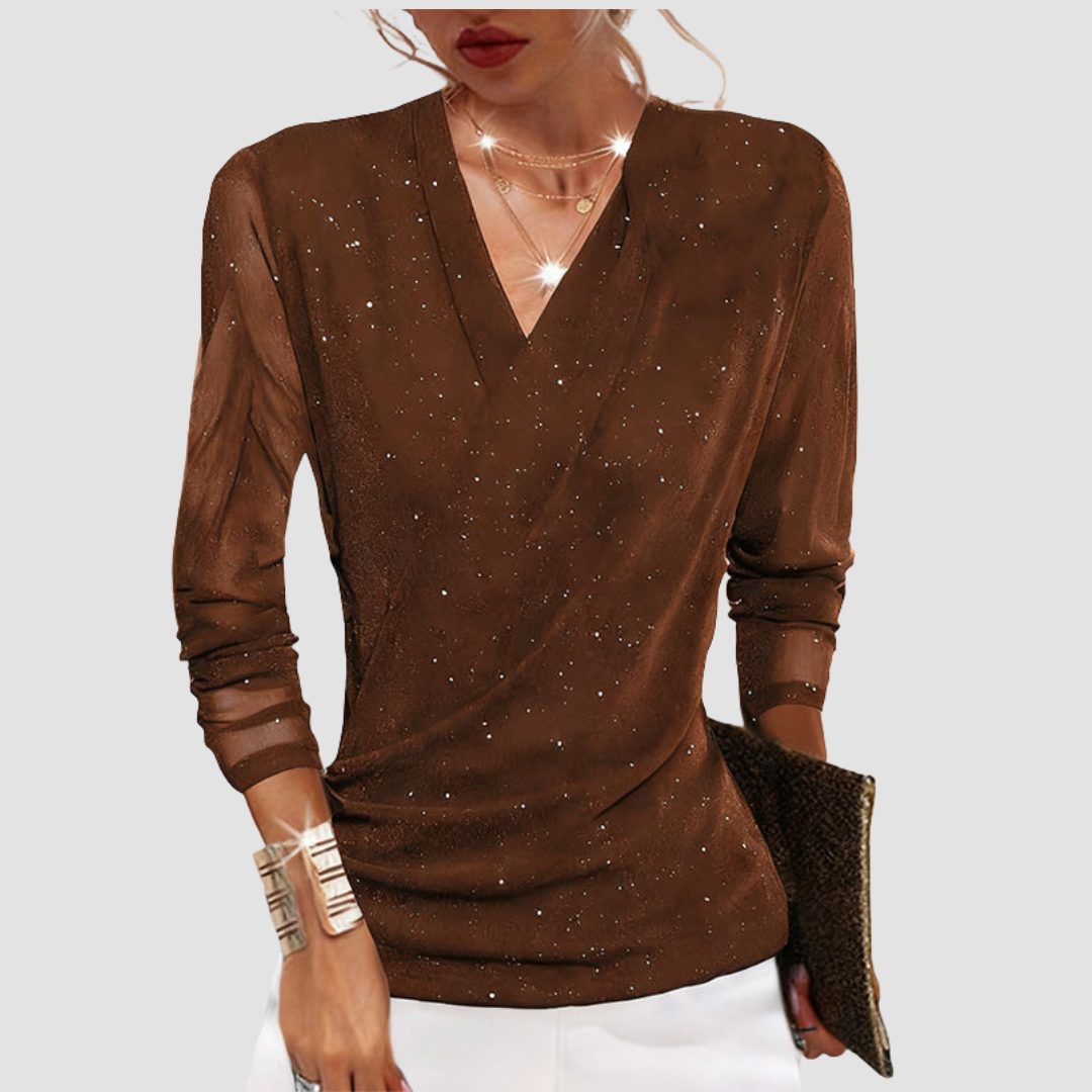 Glitter V-Neck Long Sleeve Top for Women