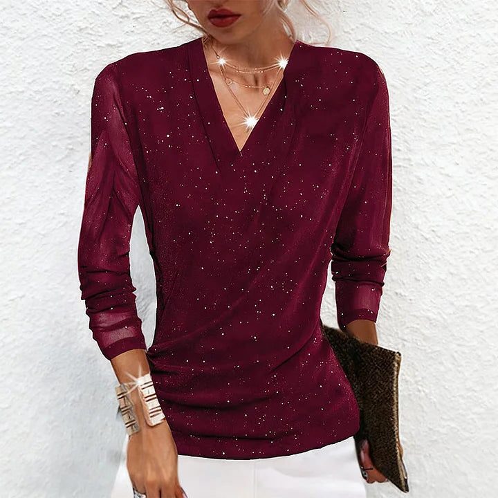 Glitter V-Neck Long Sleeve Top for Women - Red