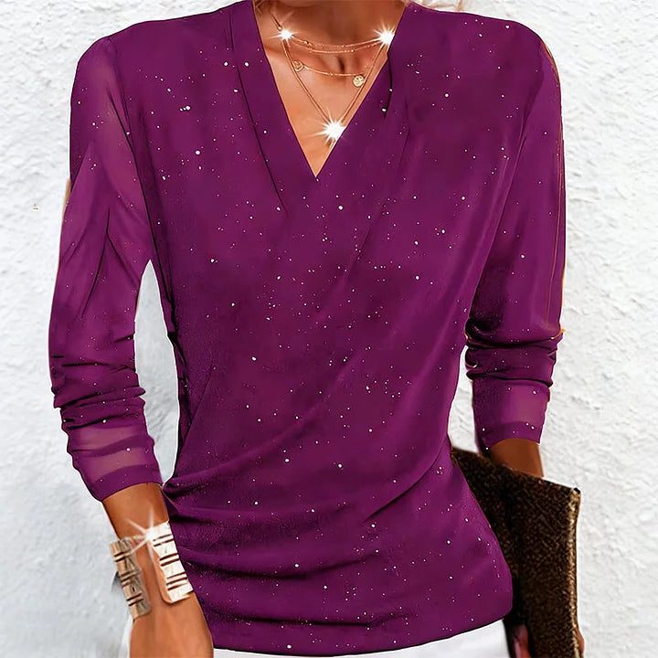 Glitter V-Neck Long Sleeve Top for Women - Purple