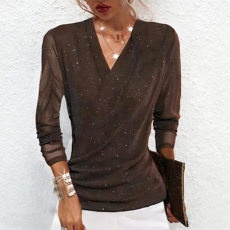 Glitter V-Neck Long Sleeve Top for Women - Coffee
