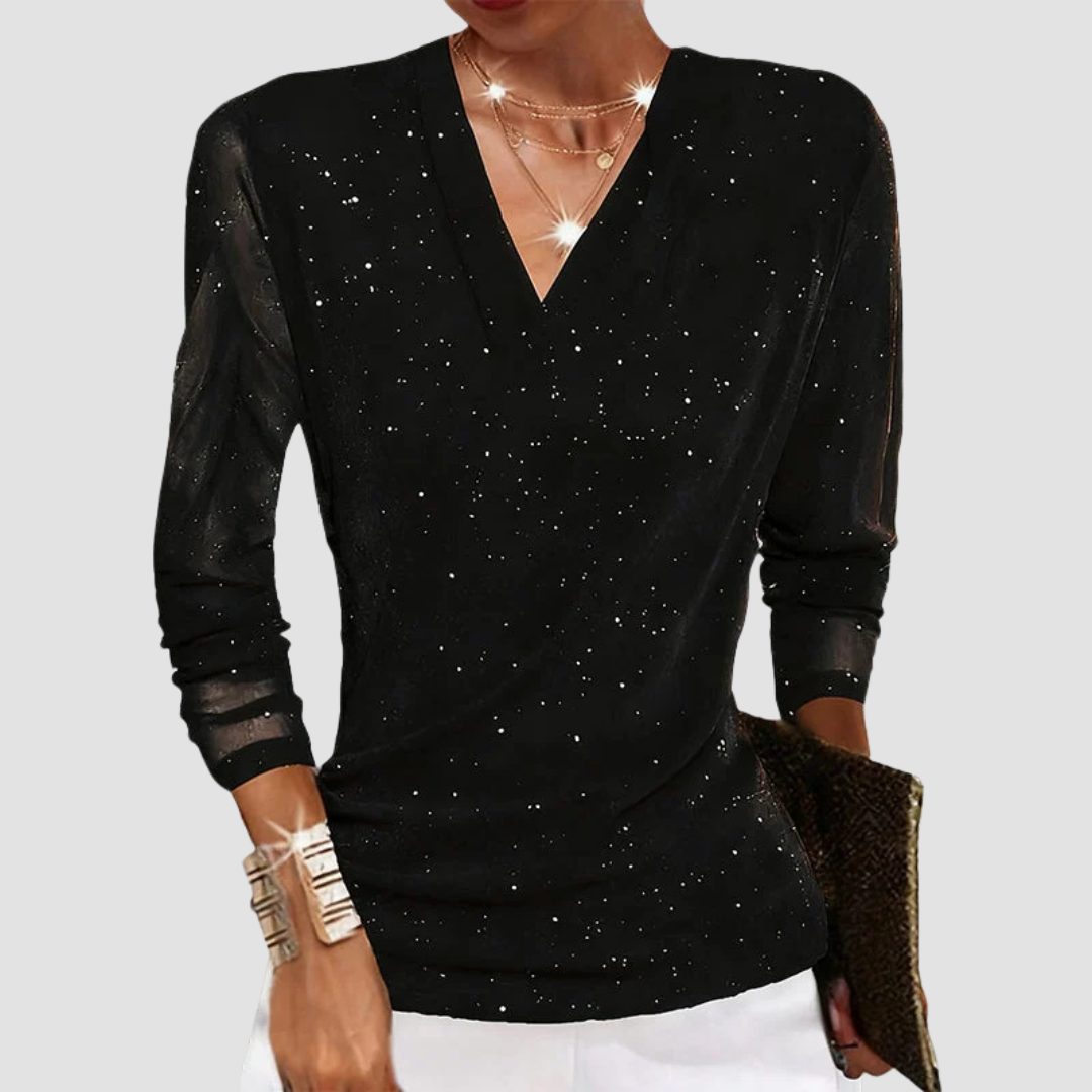 Glitter V-Neck Long Sleeve Top for Women - Black