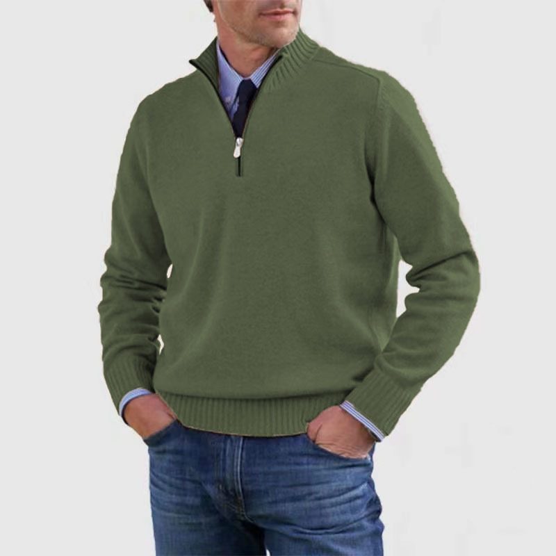 Half-Zip Ribbed Knit Long Sleeve Jumper for Men - Dark Green