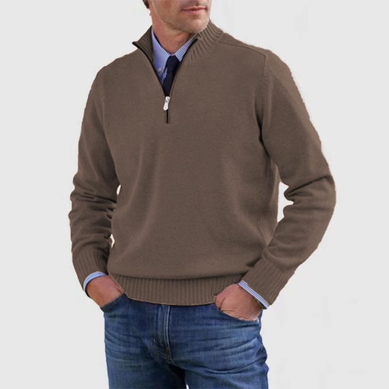 Half-Zip Ribbed Knit Long Sleeve Jumper for Men - Brown