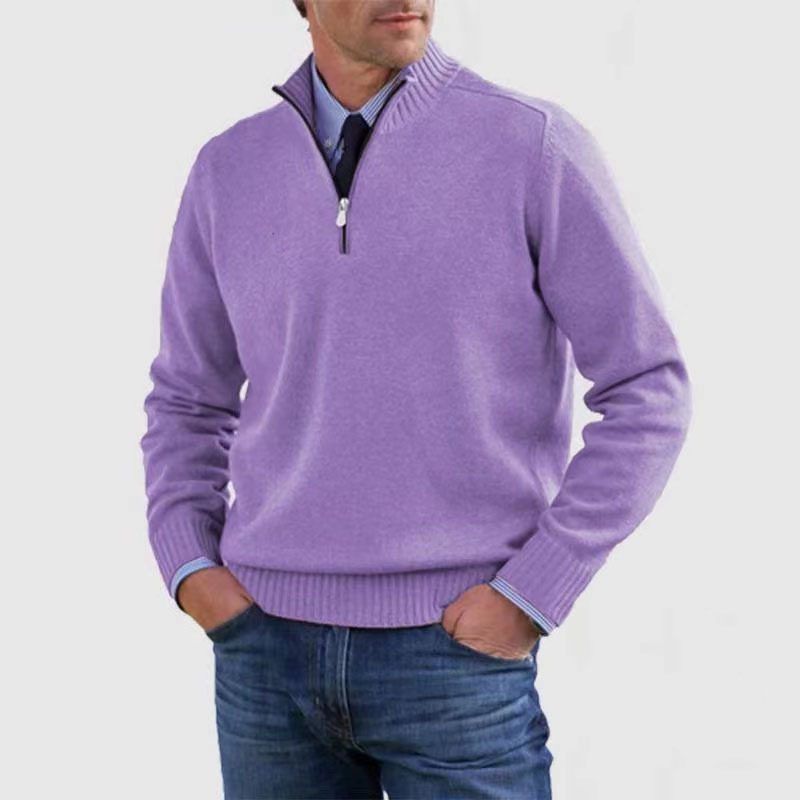 Half-Zip Ribbed Knit Long Sleeve Jumper for Men - Purple