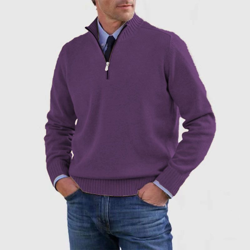 Half-Zip Ribbed Knit Long Sleeve Jumper for Men - Dark Purple