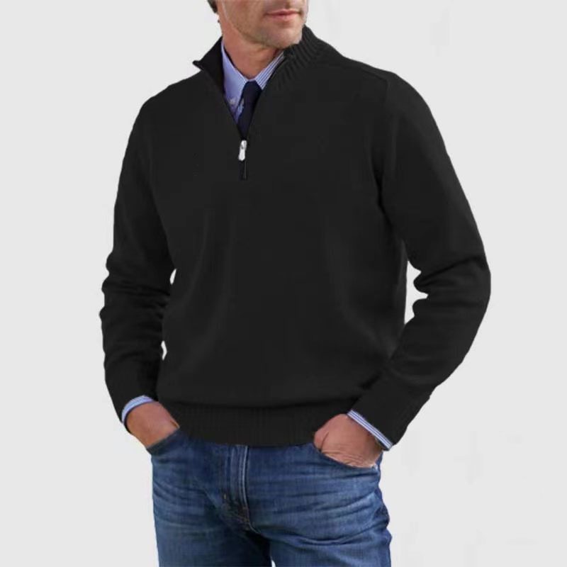 Half-Zip Ribbed Knit Long Sleeve Jumper for Men - Black