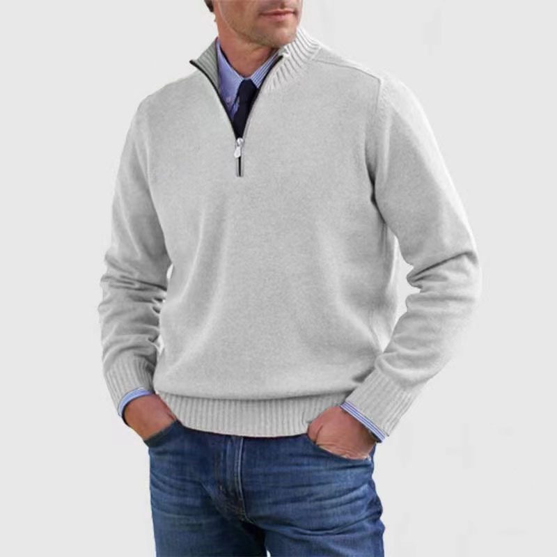 Half-Zip Ribbed Knit Long Sleeve Jumper for Men - White