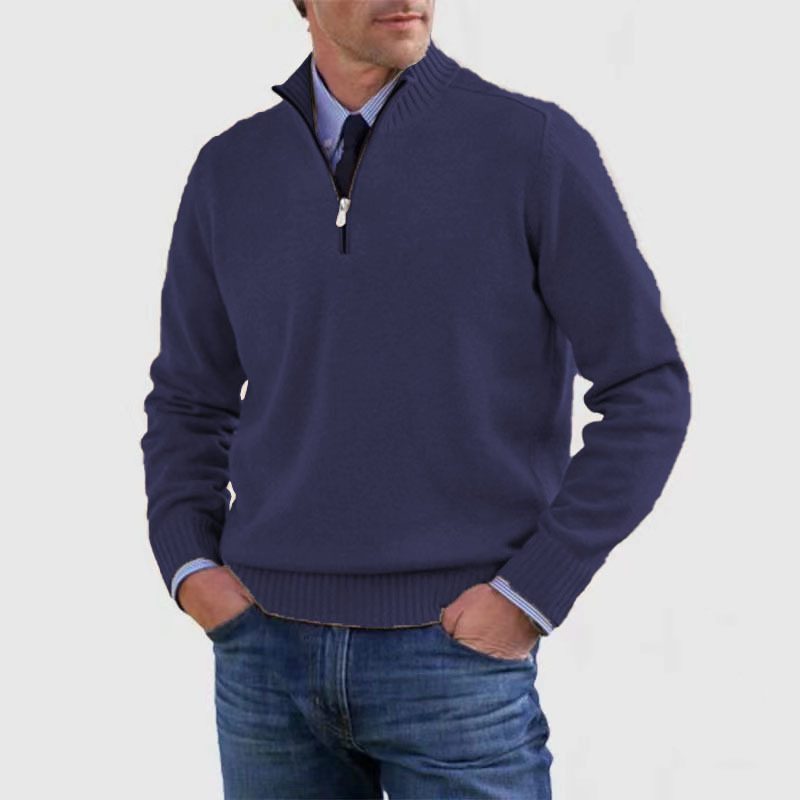 Half-Zip Ribbed Knit Long Sleeve Jumper for Men - Navy