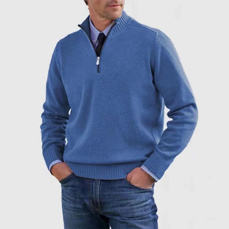 Half-Zip Ribbed Knit Long Sleeve Jumper for Men - Blue