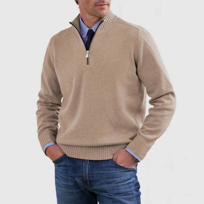Half-Zip Ribbed Knit Long Sleeve Jumper for Men - Beige