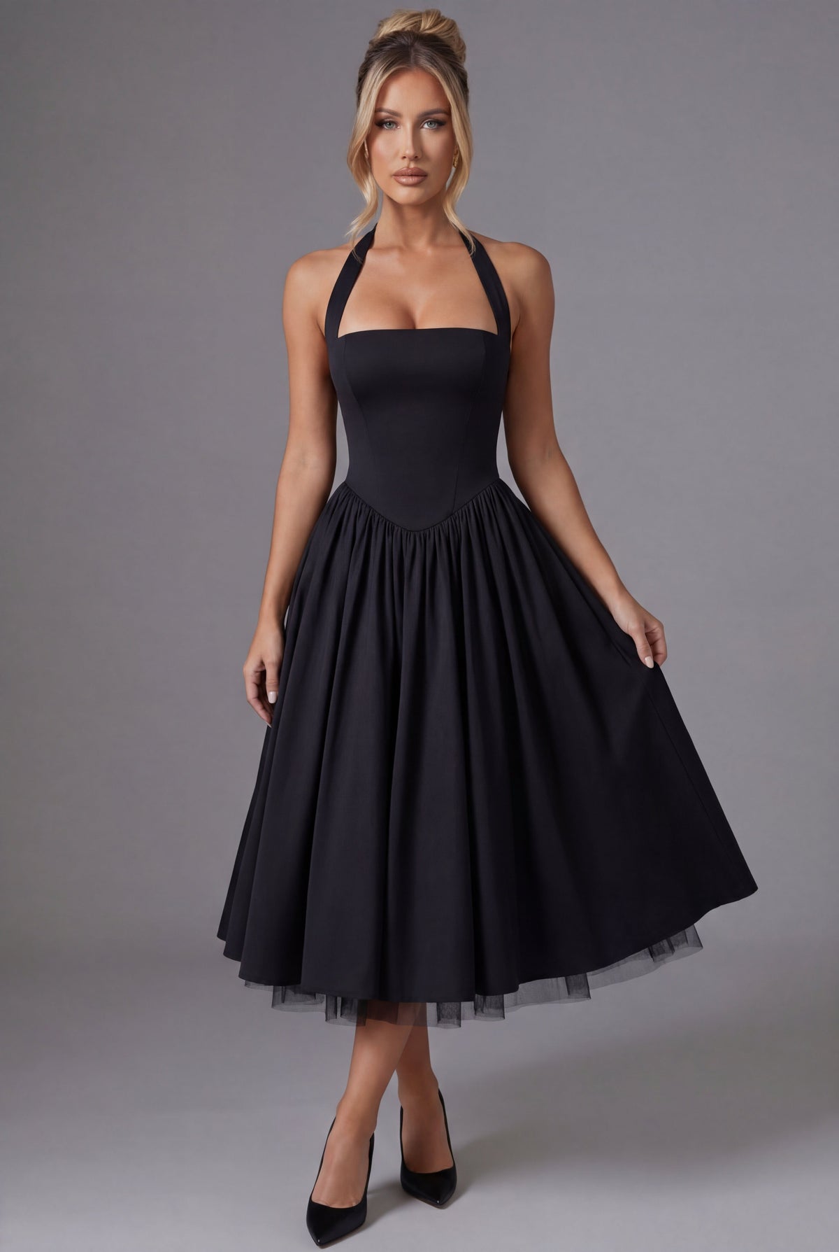 Halter Midi A-Line Dress for Women - Black