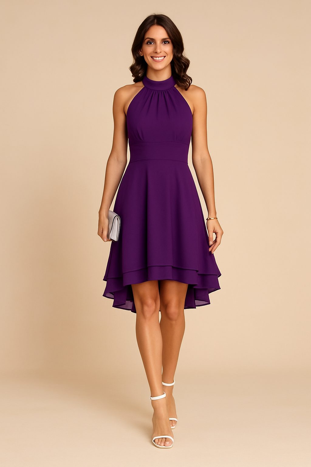 Halter Neck A-Line Midi Dress for Women - Purple