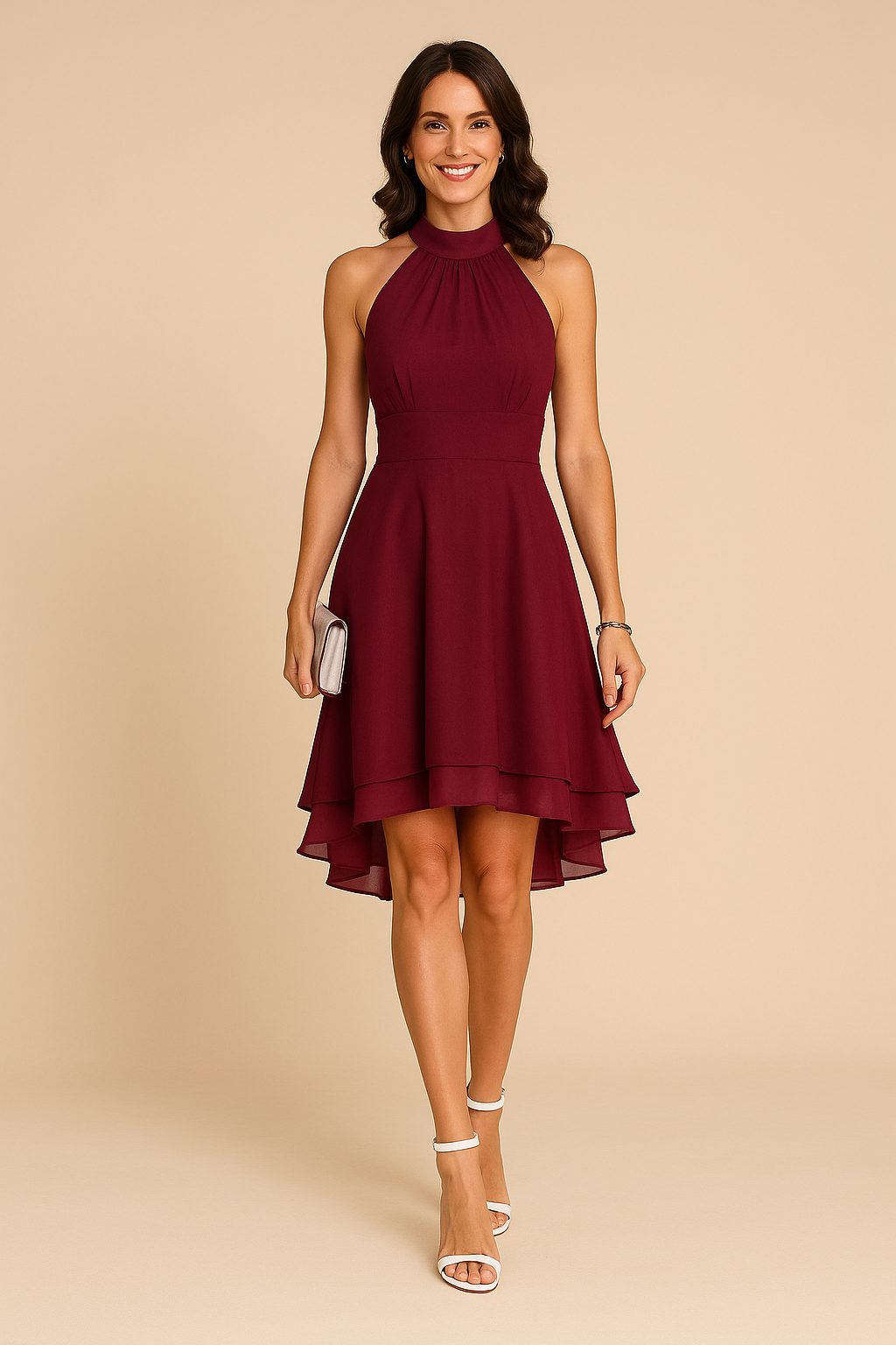 Halter Neck A-Line Midi Dress for Women - Red