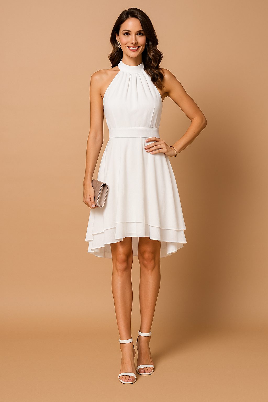 Halter Neck A-Line Midi Dress for Women - White