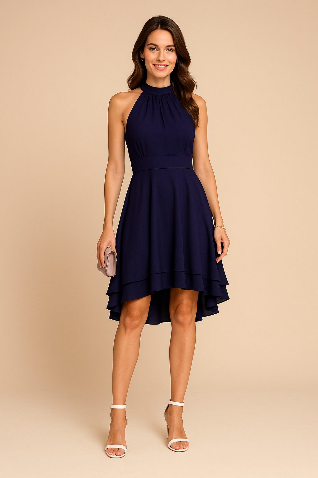 Halter Neck A-Line Midi Dress for Women - Navy