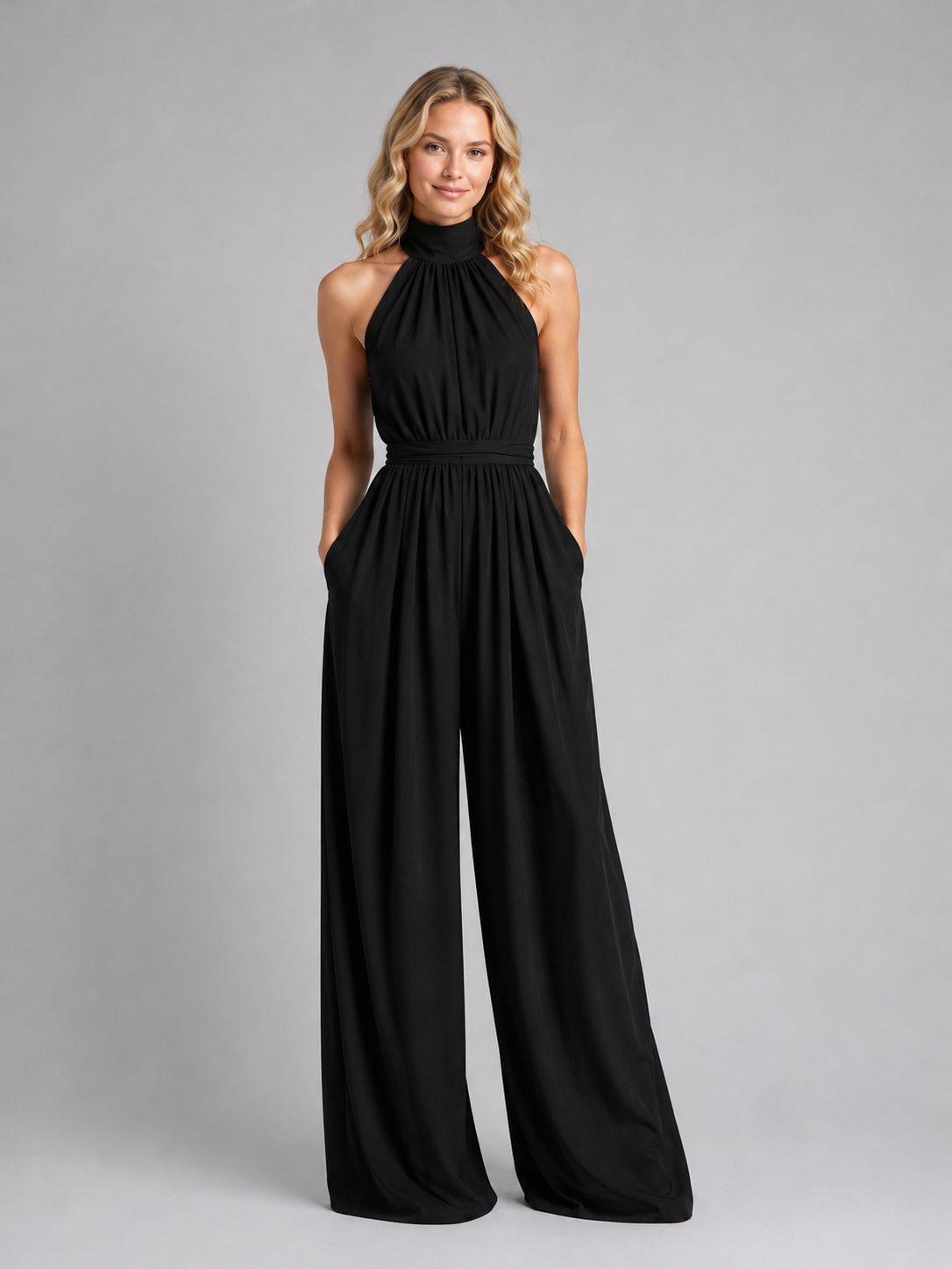 Halter Neck Wide Leg Jumpsuit for Women - Black