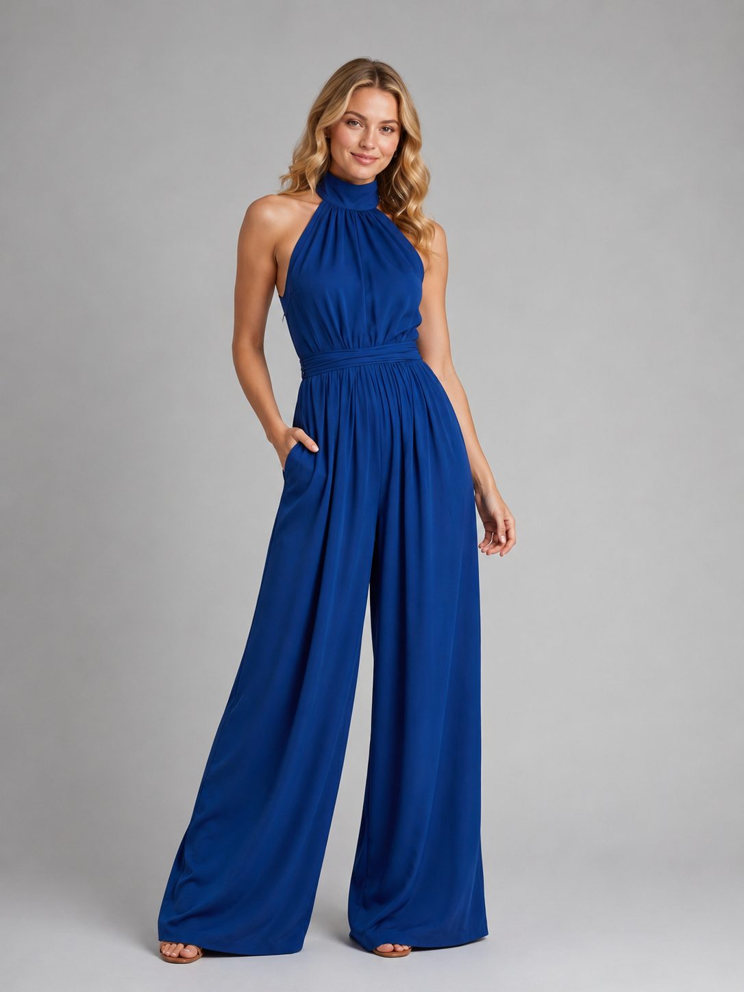 Halter Neck Wide Leg Jumpsuit for Women - Navy