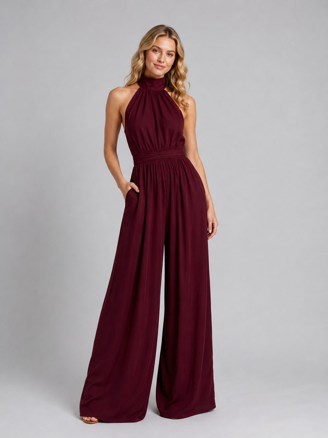 Halter Neck Wide Leg Jumpsuit for Women - Wine Red