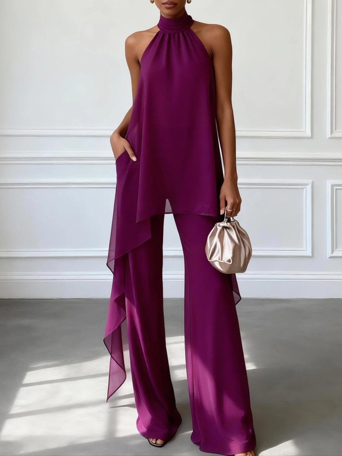 Halter Neck Wide Leg Trouser Set for Women - Pourpre