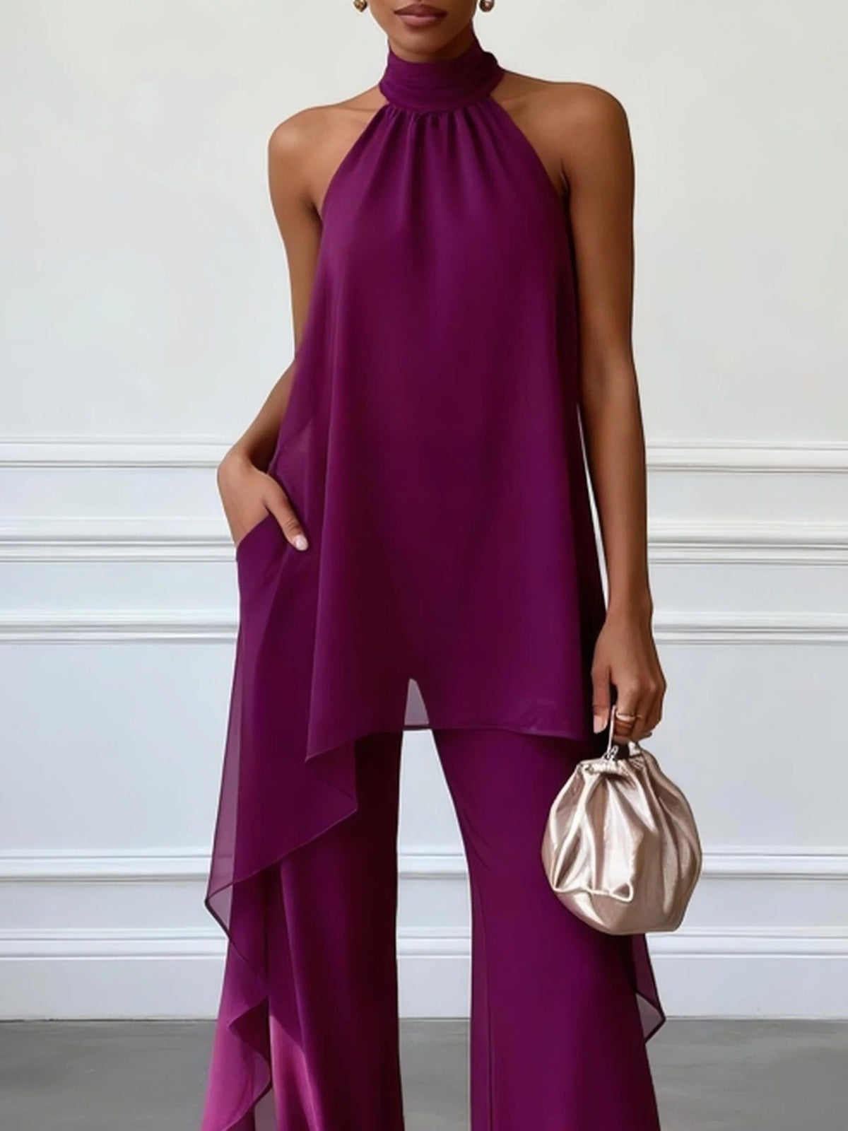 Halter Neck Wide Leg Trouser Set for Women - View 4
