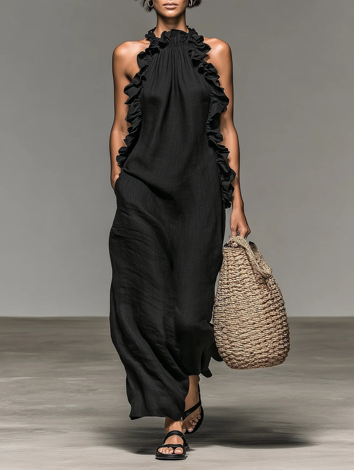 Halter Ruffle Linen Maxi Dress for Women
