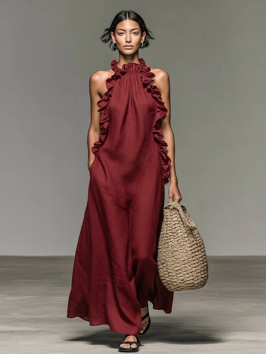 Halter Ruffle Linen Maxi Dress for Women - Red