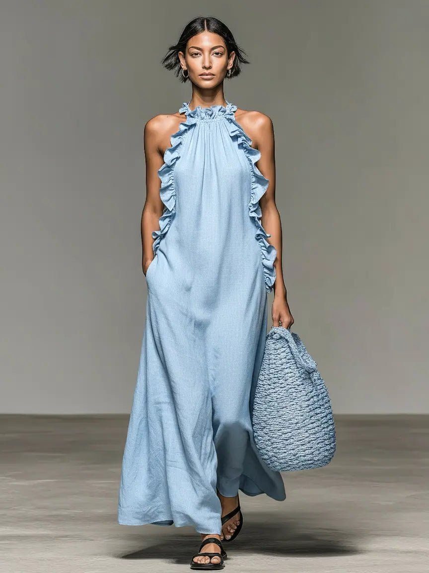 Halter Ruffle Linen Maxi Dress for Women - Light Blue