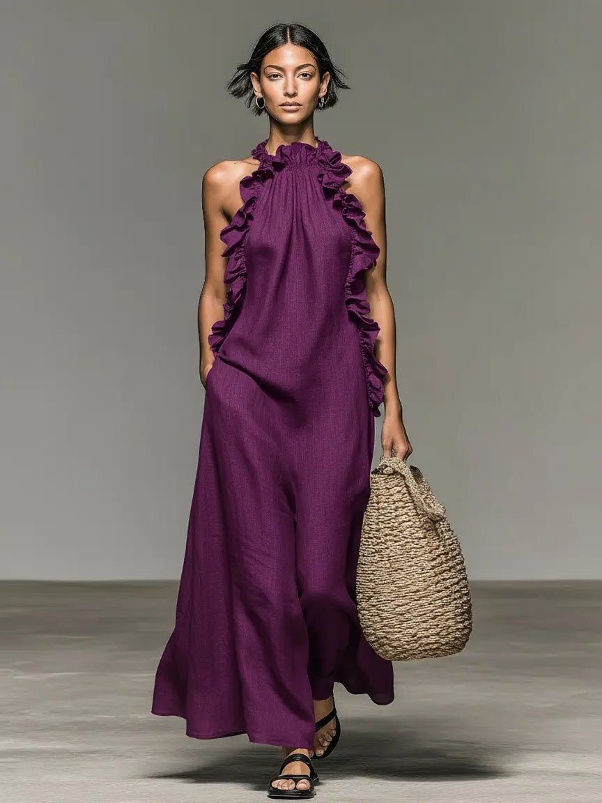 Halter Ruffle Linen Maxi Dress for Women - Purple