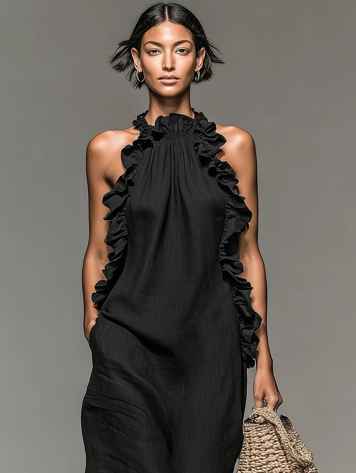 Halter Ruffle Linen Maxi Dress for Women - View 6