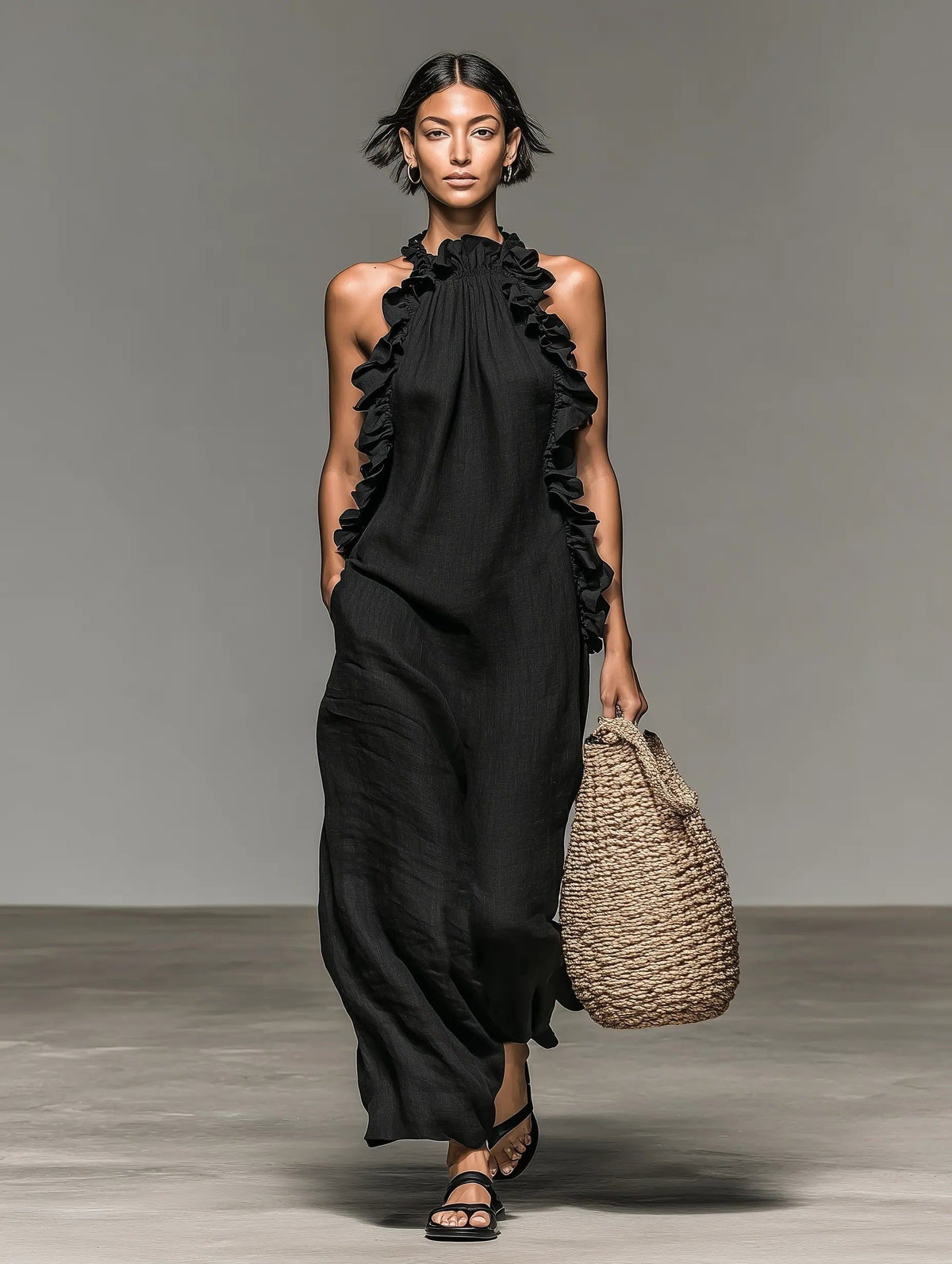 Halter Ruffle Linen Maxi Dress for Women - View 8
